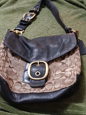 Coach Beige Signature Canvas with Black Leather Trim Shoulder Bag